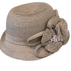 C.C. Paper Straw Cloche Hat with Floral Bow & Pink Beaded Accents